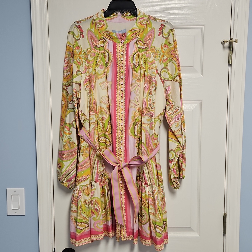 ANTONIO MELANI Long Sleeve Mock Neck Button Front Mini Dress:Pink/Green Print:14